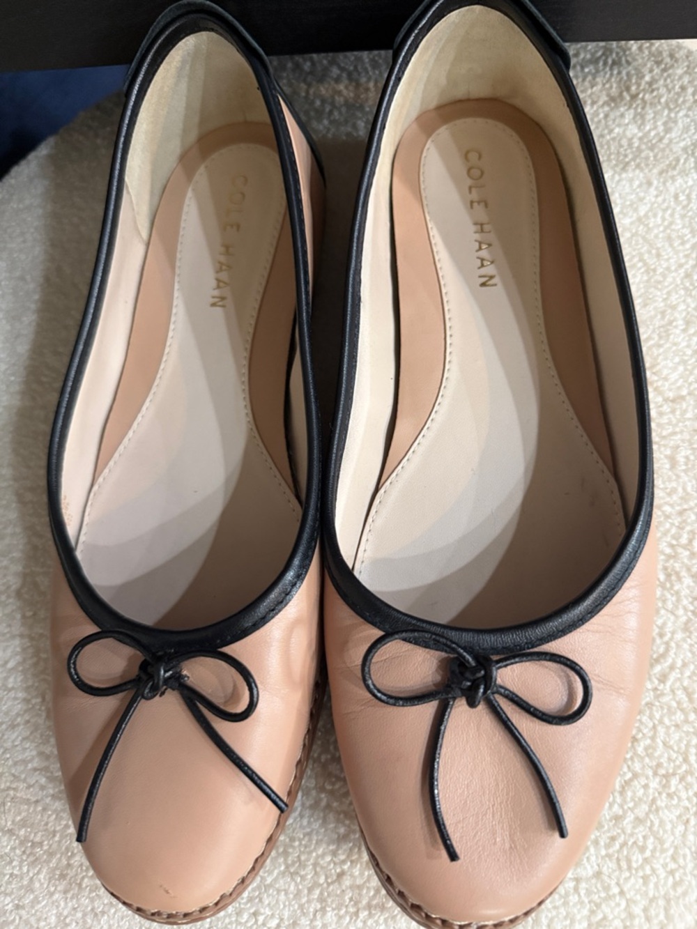 Cole Haan Pink Leather Ballet Flats with Black Trim and Bow